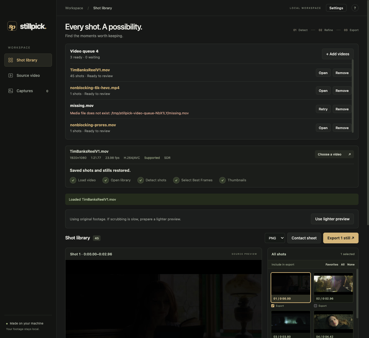 StillPick Desktop development build showing its video queue and shot library