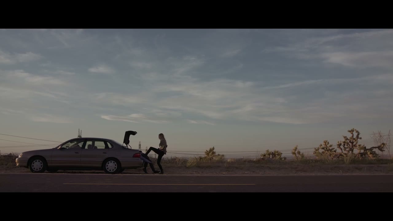 Example still: a person beside a car on an open road at sunset