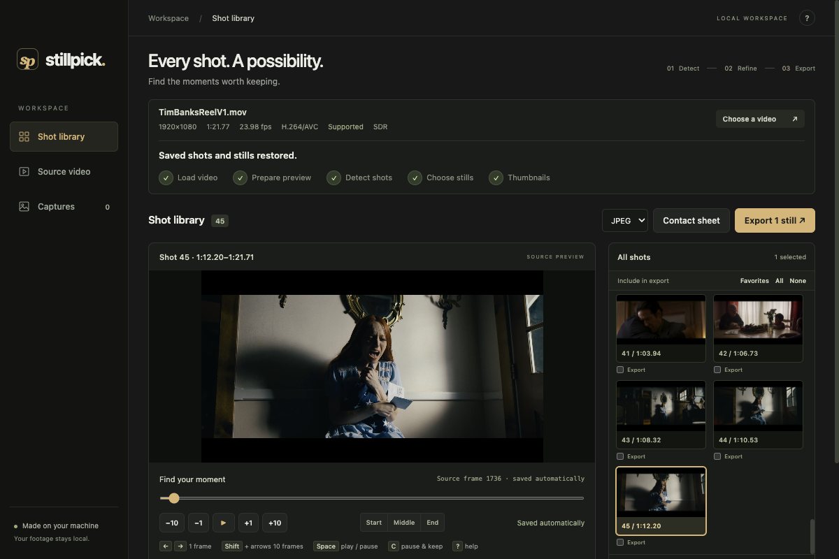 StillPick Desktop development build with a large frame preview, frame controls, and browsable shot library
